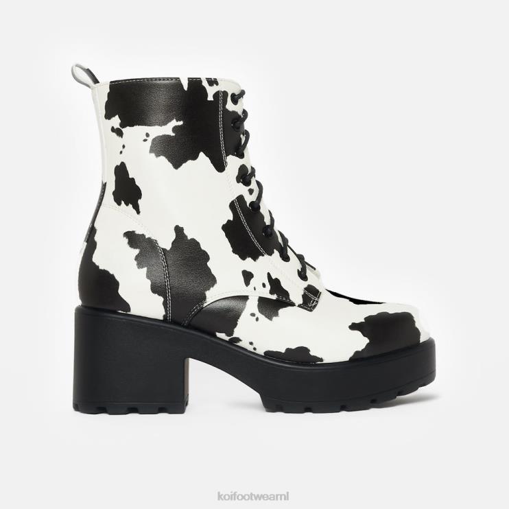 KOI footwear Nederland - wit vrouwen KOI footwear Militaire laarzen met madeliefjesplatform en koeprint 4T600155