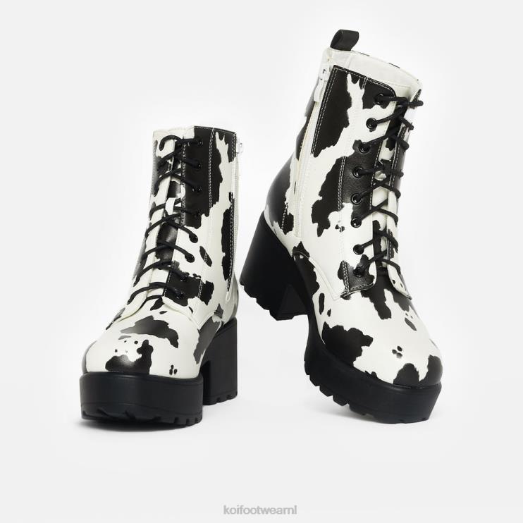 KOI footwear Nederland - wit vrouwen KOI footwear Militaire laarzen met madeliefjesplatform en koeprint 4T600155